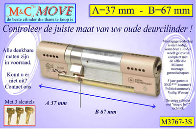 M&C MOVE - High-tech Security deurcilinder - SKG*** - 37x67 mm - Politiekeurmerk Veilig Wonen - inclusief gereedschap MilaNNE montageset