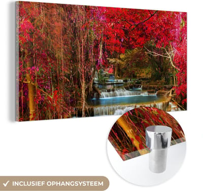 MuchoWow® Glasschilderij 40x20 cm - Schilderij acrylglas - Waterval - Roze - Bomen - Foto op glas - Schilderijen