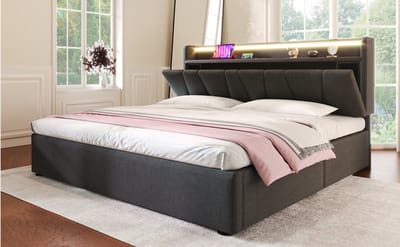 Wishdor Tweepersoonsbed 140 x 190 cm – Opberg Hoofdbord en LED – Verstelbaar Hoofdbord – 2 Stopcontacten, USB-A en USB-C – RGBW Muziekmodus – Hydraulisch Opbergvak – Geschikt voor Slaapkamer – Linnen en Metaal – Grijs