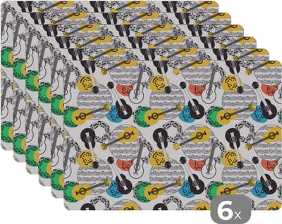 Placemat - Placemats kunststof - Gitaar - Muziek - Patronen - Abstract - 45x30 cm - 6 stuks - Hittebestendig - Anti-Slip - Onderlegger - Afneembaar