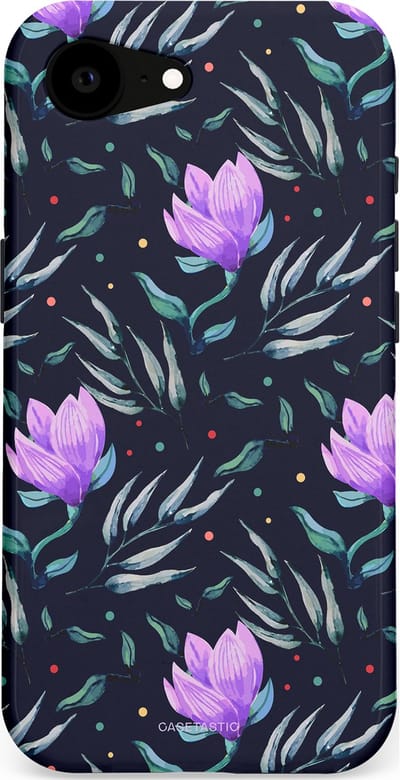 Casetastic hoesje geschikt voor Apple iPhone 16e / Apple iPhone 17e - MagSafe - Dubbellaagse bescherming - Mystieke bloemenzee - Fashion Case - Donkerblauw Donkergrijs Grijs Lavendel
