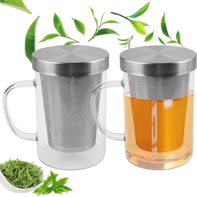 Dailygoods - Theeglas met deksel en zeef, 500 ml grote theekopjes, glazen theemaker met handvat, hittebestendig glazen theekopje met zeef, geschikt voor het bereiden van thee en geurthee, 2 stuks