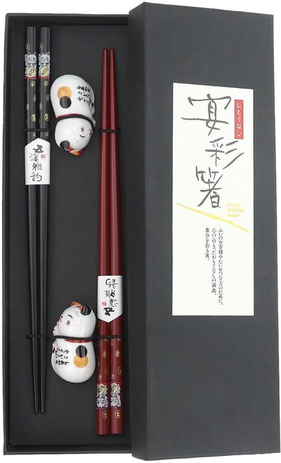 Dailygoods- Eetstokjes Set - Duurzaam Hout - Keramische Onderleggers - Antislip - 2 Paar - 25,5 x 8,2 x 2,4 cm - Geschikt voor Sushi - Sushi Stokjes