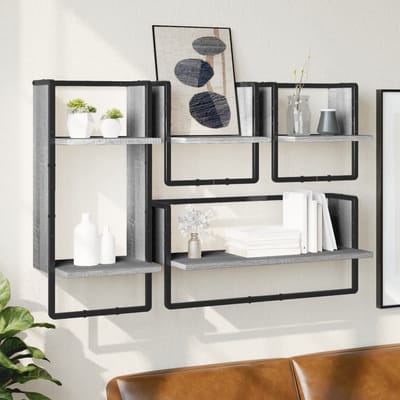 vidaXL - 4-delige - Wandschappenset - met - stangen - bewerkt - hout - grijs - sonoma