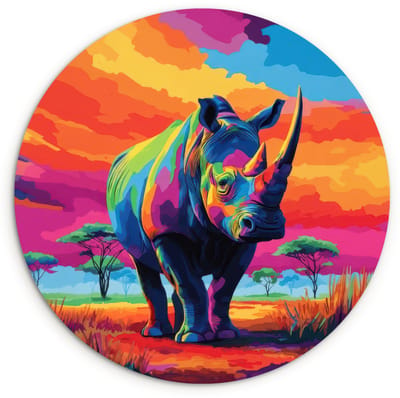 WallCircle® Wandcirkel 120x120 cm - Muurcirkel Neushoorn - Zonsondergang - Savanna - Kleurrijk - Muurdecoratie woonkamer - Wanddecoratie slaapkamer - Kamer decoratie accessoires - Ronde schilderijen XXL