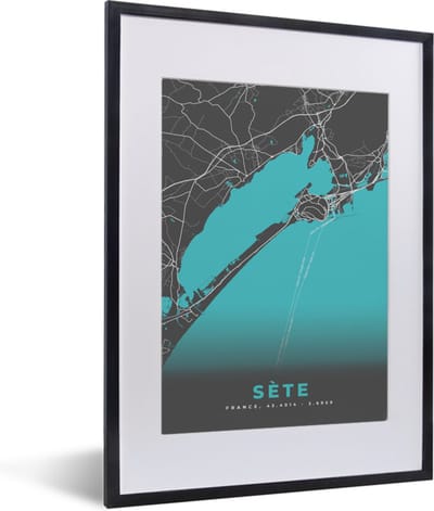 Fotolijst incl. Poster - Sète - Stadskaart - Plattegrond - Kaart - Frankrijk - 30x40 cm - Posterlijst