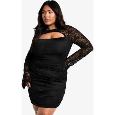boohoo Dames Plus-maat Mesh Kant Geruched Bodycon Jurk | Zwart | Maat: 54