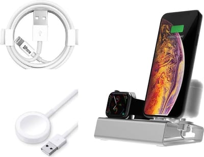 DrPhone T030B – 3 in 1 Aluminium Oplaadstandaard – Geschikt voor iPhone, Apple Watch, Airpods + Lightning Kabel 1 Meter + Apple Watch Lader – Zilver