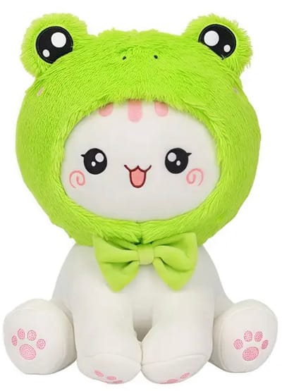 Creasowl® – Katten Knuffel met Kikker Mutsje – Kawaii Knuffel Kat 25 cm – Zachte Pluche Kattenknuffel – Schattige Knuffel – Cadeau Meisje of Kind
