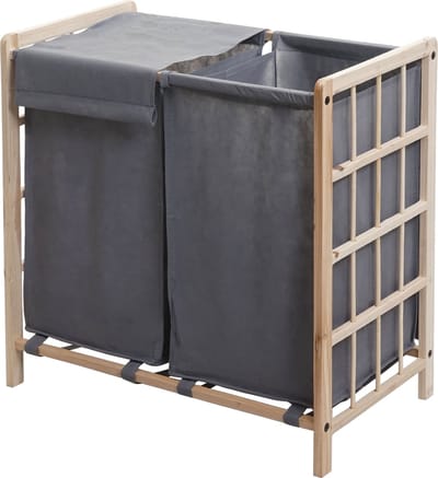 Wasbak MCW-B60, Wasbox wasmand, massief hout 2 vakken 60x60x33cm 68l ~ lichtbruin, grijs deksel