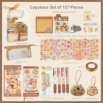 Ensemble de papeterie Kawaii Capybara Cadeau d'anniversaire de dessin animé abondant mignon avec sac à main Cadeau de remise de diplôme pour les élèves du primaire