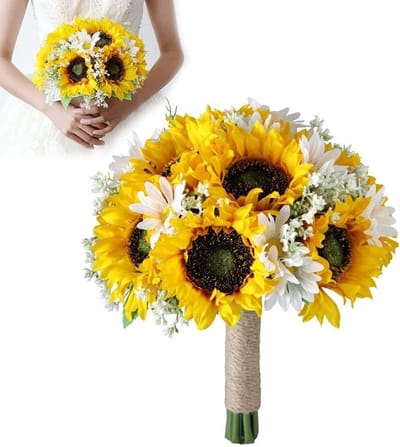 Bruiloft Boeket - Zonnebloemen Zijdebloemen - Bruids Decoratie - Natuurlijke Uitstraling - 22x28cm