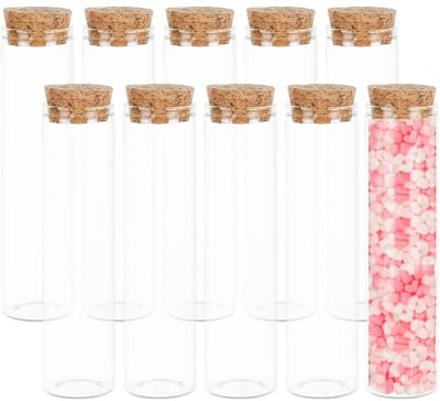 Dailygoods- Reageerbuisjes 60 ml met kurkstop - Glazen reageerbuisjes - Mini flessen voor laboratorium - Cadeautjes voor gasten - Voor zoetigheden/kralen - 10 stuks - Glazen Flesjes