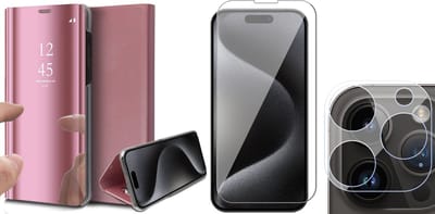 Hoesje geschikt voor iPhone 15 Pro - Screenprotector GlassGuard & Camera Lens Screen Protector - Book Case Spiegel Roségoud