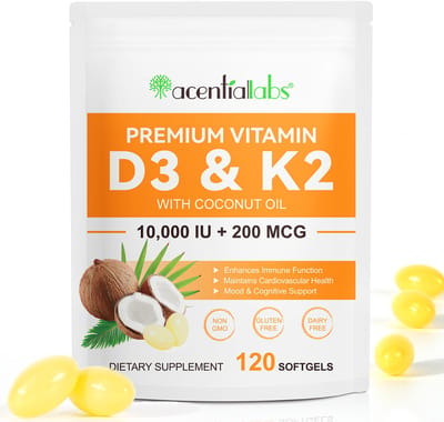Acentiallabs Vitamine D3 & K2 - 120 Softgels - D3 10000 IU + K2 MK-7 200 mcg - Met Kokosolie