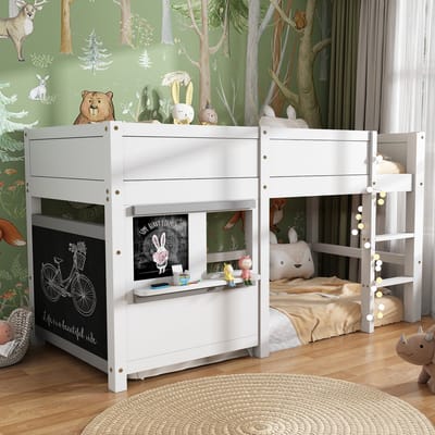 Sweiko Kinderbed, stapelbed, met schoolbord voor graffiti, met opbergrek, 90x200cm, Wit