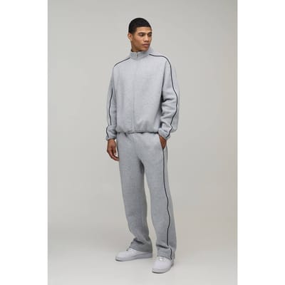 Oversized Boxy Trainingspak met Contrasterende Biesjes en Doorlopende Rits met Hoge Kraag | Grey Marl | Size XS