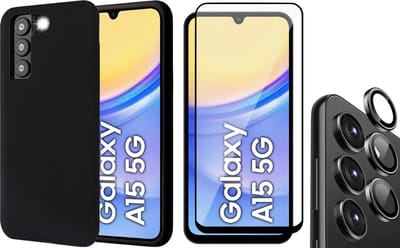 Hoesje geschikt voor Samsung Galaxy A15 - Screenprotector Volledig Dekkend Glas & Camera Protector - Mat Back Case Zwart
