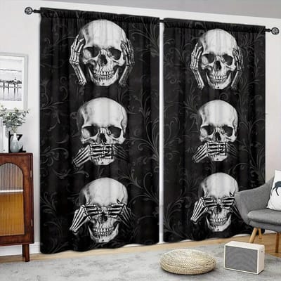 Drie Wijze Schedels Bedrukt Gordijn voor Huisdecoratie - Tunnel voor Roede Raambekleding voor Slaapkamer, Keuken, Woonkamer 52.5cmX116cm X 2pcs black