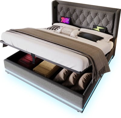 Merax Gestoffeerd Tweepersoonsbed 160x200 cm met Hydraulisch Opbergsysteem – Bed met LED-verlichtin en USB-C Aansluiting – Grijs