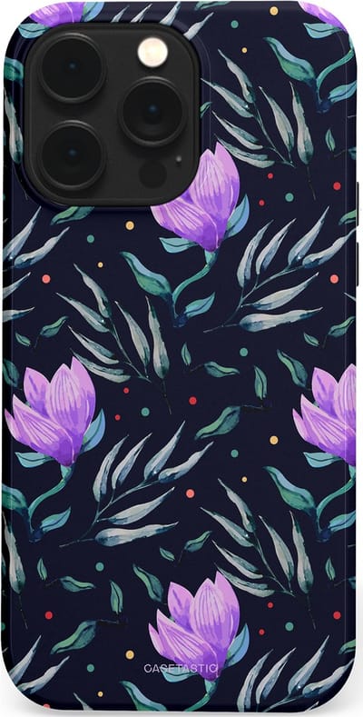 Casetastic hoesje geschikt voor Apple iPhone 14 Pro Max - MagSafe - Dubbellaagse bescherming - Mystieke bloemenzee - Fashion Case - Donkerblauw Donkergrijs Grijs Lavendel