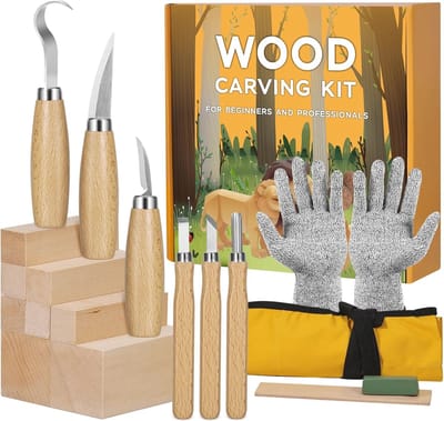 Houtsnijgereedschapset 18-in-1 voor Beginners en Professionals - Compleet met Snijblokken, Gereedschappen en Handschoenen