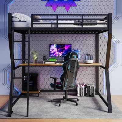 VVBV Hoogslaper 140x200 cm met Bureau, LED-verlichting, Stopcontact & USB, Metalen Frame, Trap en Veiligheidshekje, Zwart