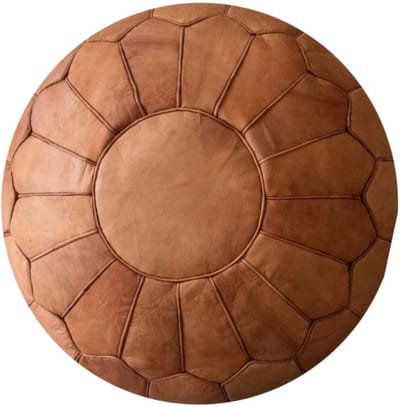 | Marokkaanse Leren Poef | Cognac bruin | Rond | Ø60 | H 35cm | Handgemaakt | Gevuld geleverd |