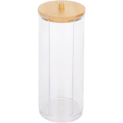 Bouteilles à Épices Assaisonnements Transparentes en Forme de Cylindre Boîte de Rangement pour Coton-Tiges avec Couvercle en Bambou(Longue white