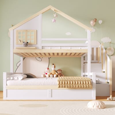 VVBV Kinderstapelbed Huisbed 90x200 cm + 140x200 cm met Huisdesign, Opbergtrap - Hydraulische Opbergruimte - Wit/Naturel