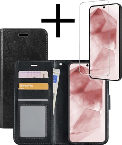 Hoesje - Met Screenprotector - Geschikt voor Samsung Galaxy A55 - Luxe Pasjeshouder - Bookcase Portemonee - Flip Case - Kunstleer Book Case - Flipcase - Book Cover - Walletcase - Portemonneehoes - Zwart