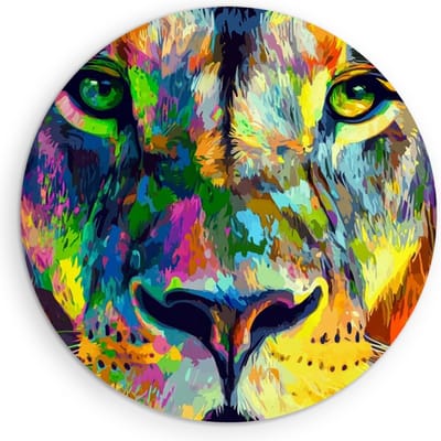 Saammp Muurcirkel Hout - Leeuw met kleurrijke verfspetters - Dieren - Abstract - Ø 90 - Wandcirkel - Wanddecoratie Cirkel - Muurdecoratie Woonkamer - Slaapkamer decoratie - Rond Schilderij
