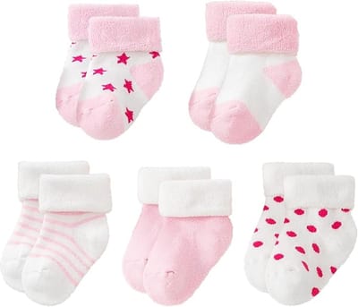 5 Paar Baby Wintersokken Badstof - Extra Dikke & Warme Katoenmix Sokken - Zachte Thermo Crewsokken voor Newborn & Peuter. Roze serie-S(0-1 Jaar)