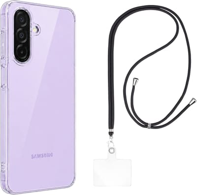 Set met hoesje en nekband voor Samsung Galaxy A27 5G - Flexibele, transparante TPU-bescherming, verstelbare universele nekband voor mobiele telefoons, zwarte nekband, transparante draagriem van Phonillico®