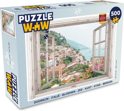 Puzzel Doorkijk - Italië - Bloemen - Zee - Kust - Stad - Bergen - Legpuzzel - Puzzel 500 stukjes