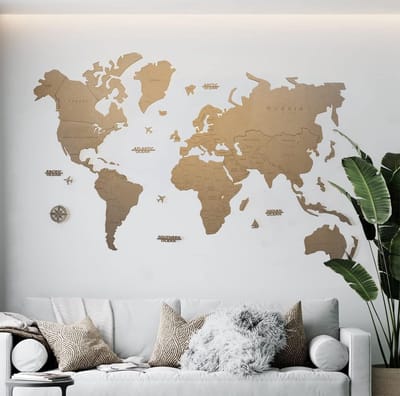Wereldkaart Hout - Wanddecoratie Kaart - Wand Decoreren - Meerlaags 3D Effect - 100 x 60 cm - Natuurlijk