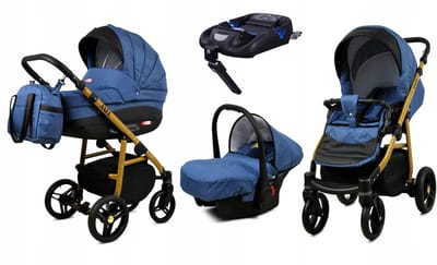 BabyLux® Kinderwagen 4in1 - AXEL - JEANS GOLD FRAME - Opklapbare Wandelwagen incl. Reiswieg, Multifunctionele Buggy Sportstoel, Autostoel, ISOFIX basisstation - Combi-kinderwagen met Luiertas, Regenhoes, Klamboe