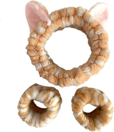 Haaraccessoires set met haarband en haarelastiekjes, pluche kattenoren voor make-up en gezicht wassen