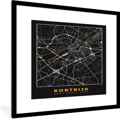 Fotolijst incl. Poster - Kaart - Kortrijk - Goud - Plattegrond - Stadskaart - 40x40 cm - Posterlijst