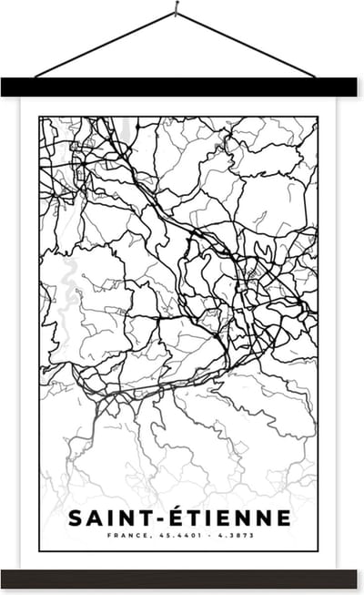 Posterhanger incl. Poster 40x60 cm - Schoolplaat - Stadskaart - Saint-Étienne - Plattegrond - Kaart - Frankrijk - Zwart wit - Textielposter - Zwarte latten - Stadskaart