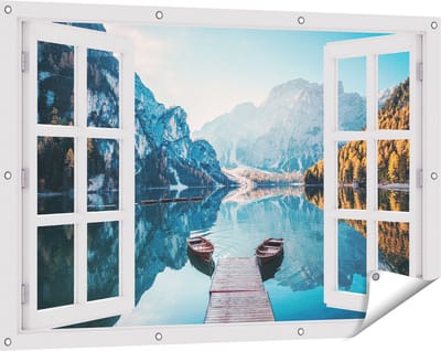 Gards Tuinposter Doorkijk Twee Bootjes op het Meer in de Bergen - 120x80 cm - Tuindoek - Tuindecoratie - Wanddecoratie buiten - Tuinschilderij