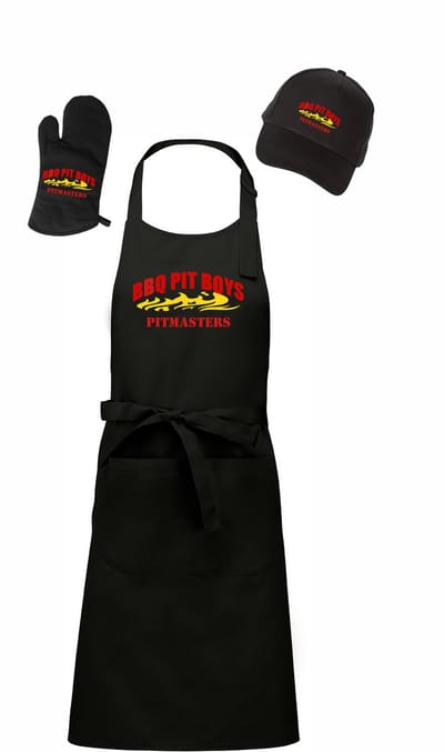 Mijncadeautje - Barbecue Voordeelset - BBQ Schort + BBQ Handschoen + BBQ Cap - BBQ Pitboys - zwart