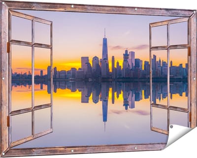 Gards Tuinposter Doorkijk New York Skyline bij Zonsopgang - 150x100 cm - Tuindoek - Tuindecoratie - Wanddecoratie buiten - Tuinschilderij