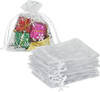 100 stuks - Goodiebags - Sneeuwvlok organza cadeauzakjes - 7x9 cm - Klein wit gaas - Sieradenzakje Kleine snoepzakjes met trekkoord - Wit
