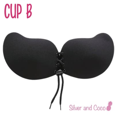 SilverAndCoco® - Push up Plak BH herbruikbaar veter sluiting / Zelfklevende Invisible bh met vetersluiting / Onzichtbare Siliconen Tepel bedekkers BH Pads Silicone Nipple cover Strapless boob lift - Zwart - Cup B