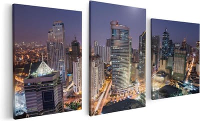 Artaza Canvas Schilderij Drieluik Makati Stad Skyline in de Nacht in Thailand  - 120x60 - Foto Op Canvas - Canvas Print