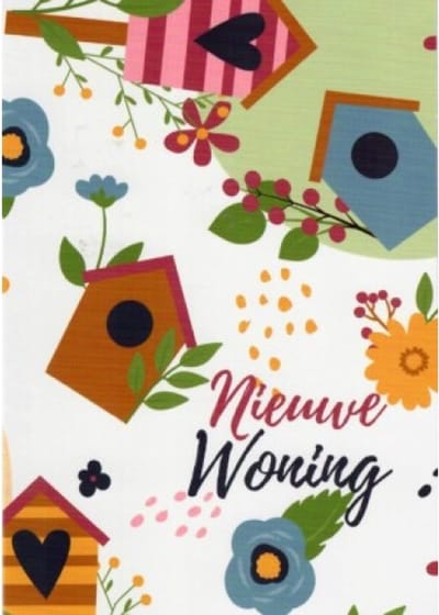 Een nieuwe woning! Van harte gefeliciteerd. Een kleurrijke kaart met een afbeelding van diverse huizen en bloemen. Een leuke kaart om zo te geven of om bij een cadeau te voegen. Een dubbele wenskaart inclusief envelop en in folie verpakt.