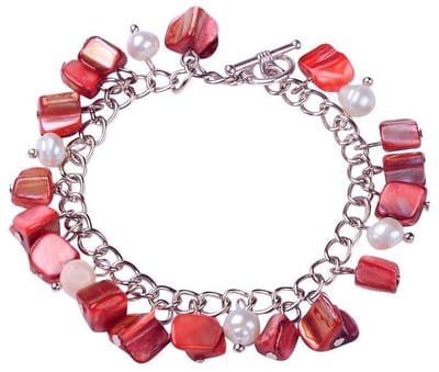 Zoetwaterparel en parelmoeren armband Pearl Red Shell Chip - echte parels - parelmoer - wit - rood - zilver - bedelarmband - sieraden zakje