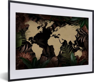 Poster in lijst - Fotolijst 60x40 cm - Posters - Wereldkaart - Zwart - Tropische Planten - Posterlijst zwart - Decoratie - Wanddecoratie woonkamer - Muurdecoratie slaapkamer