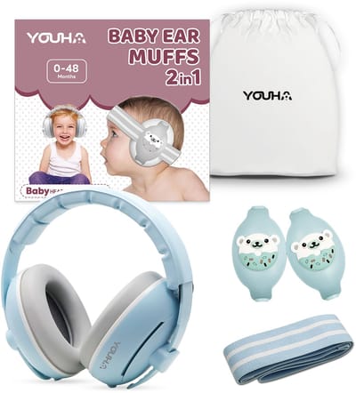 Youha gehoorbeschermingsset - gehoorbescherming geschikt voor Baby’s en Peuters (0-4 jaar) - 2-in-1 set - Anti slip- en klitterband - Kleur: Blauw